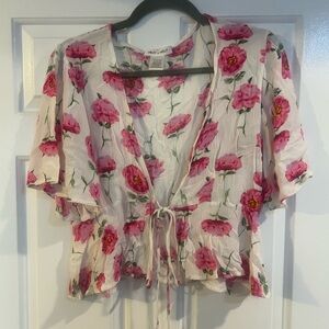 Floral Tie Front Short Sleeved Cardigan